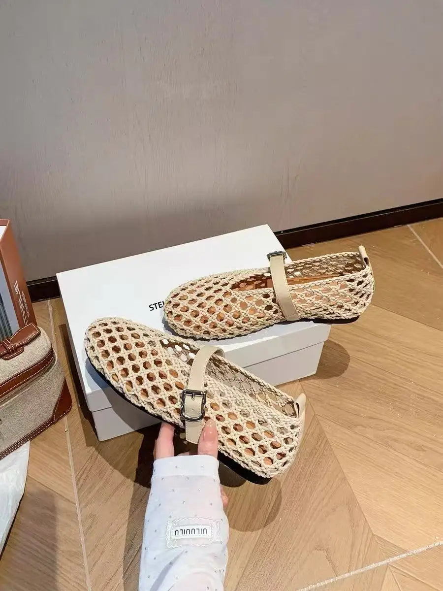 2026 Summer New Fashion Simple One-Buckle Vintage Flats for Women, Soft and Comfortable Ballet Shoes, Shallow Mouth Sandals Pi-Mart