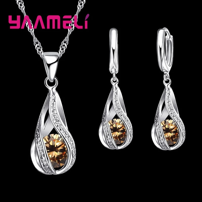 Hot Water Drop CZ 925 Sterling Silver Plated Jewelry Set For Women Pendant Necklace Hoop Earrings Wedding Party Ceremoey Anel Pi-Mart
