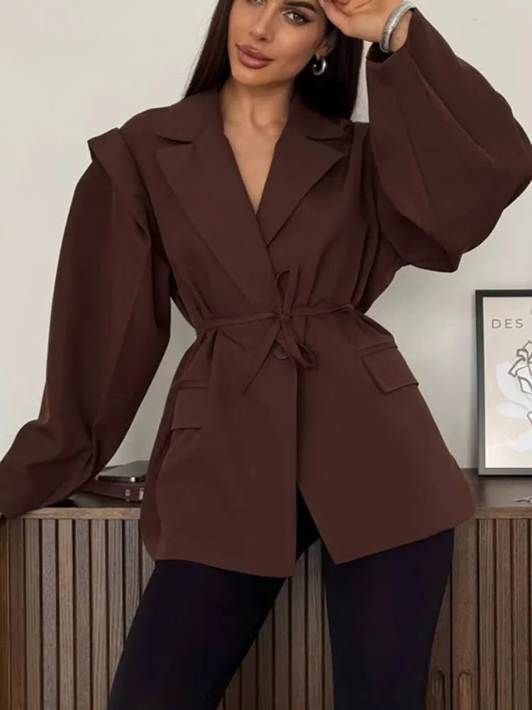 Tossy Elegant Commute Suit jacket Female Lace-Up Loose Pocket Patchwork Lapel Party Looks Outwear For Women Bandage Coat jacket LadyShow.Store