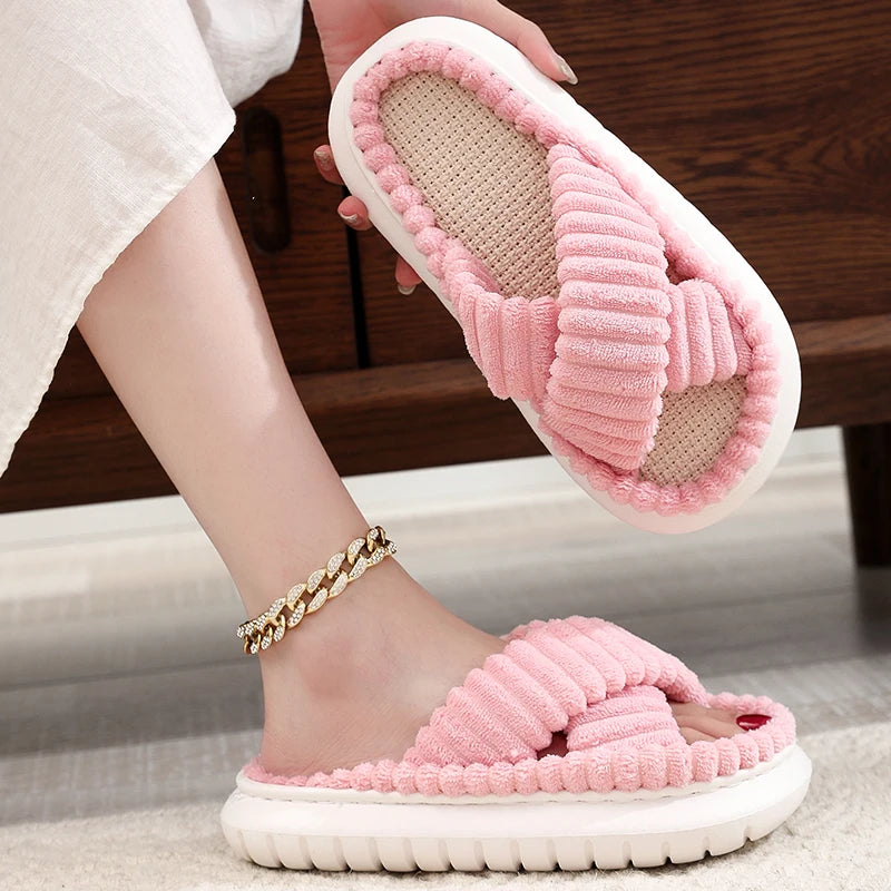 2024 Autumn Winter New Women Home Slippers Open-Toe Cross Band Linen Soled Indoor Slides Linen Soled Non-Slip Bathroom Slippers Pi-Mart