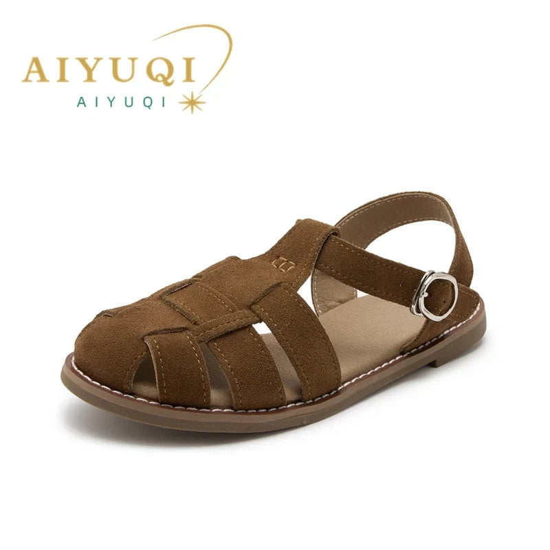 AIYUQI Flat-soled Retro Genuine Leather Hollow Baotou Sandals Women's 2026 New Hollow Pig Cage Women's Sandals LadyShow.Store