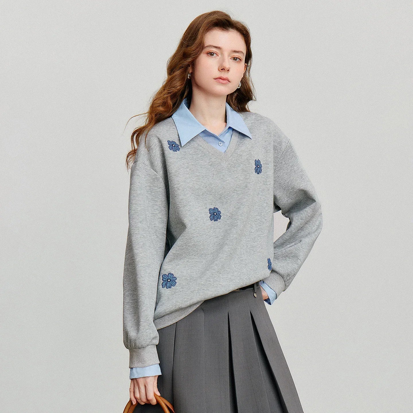 TOYOUTH Women Sweatshirt 2025 Autumn New Denim Flower Embroidery Fake Two Piece Splicing Turn Down Collar Cotton Casual Pullover LadyShow.Store