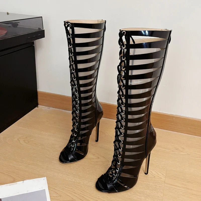 Liyke Fashion Hollow Out Cross Strap Knee High Boots Sandals Women Zip Sexy Peep Toe Stripper Heels Shoes Female Long Booties LadyShow.Store
