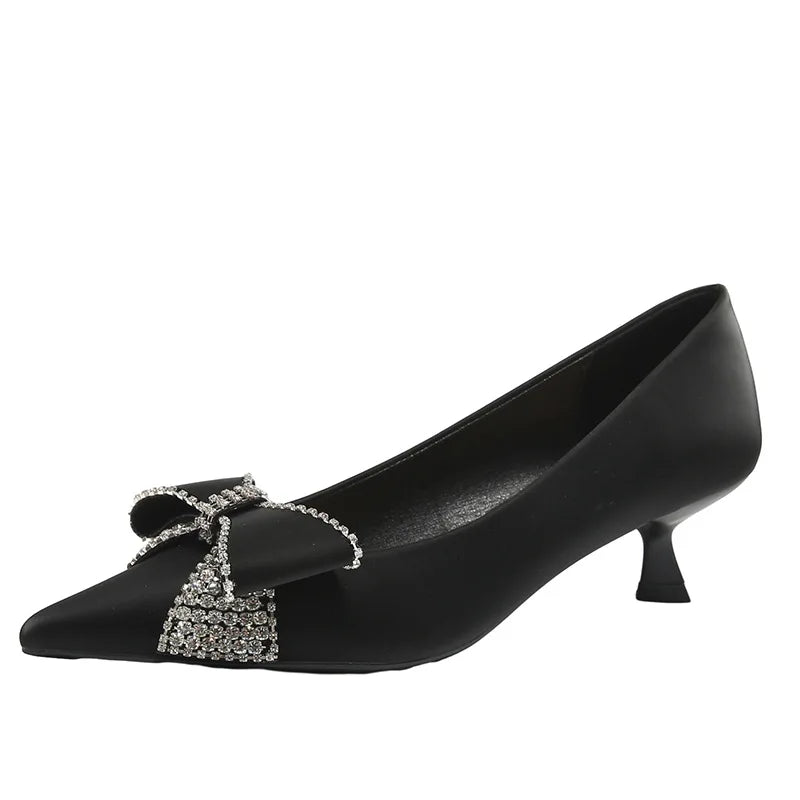 High Quality Satin Rhinestone Bowknot Design Kitten Heel Pumps Women Pointed Toe Elegant Party Shoes Luxury Wedding Bride Heels LadyShow.Store