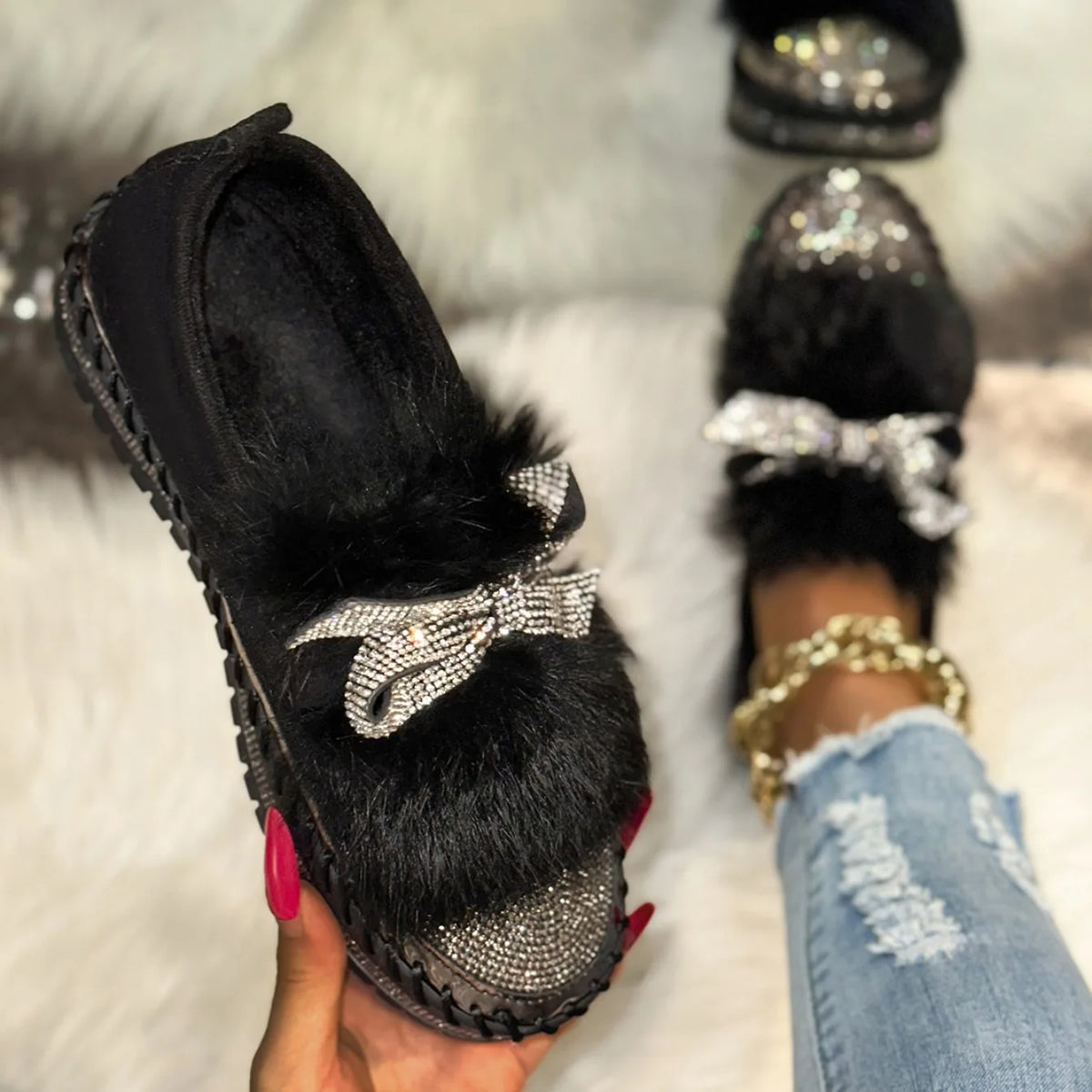 Trend Women Sneakers Furry Crystal Bow  Women Casual Shoes Flat Platform Loafers Short Plush Warm Autumn Winter Sneakers Woman Pi-Mart
