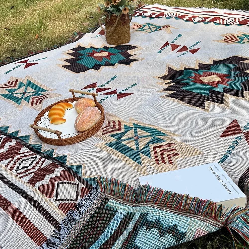 Aztec Blanket Oversized Boho Throw Blanket with Fringe Southwestern Geometric Tapestry Vintage Woven Throw Blankets Double-S Pi-Mart