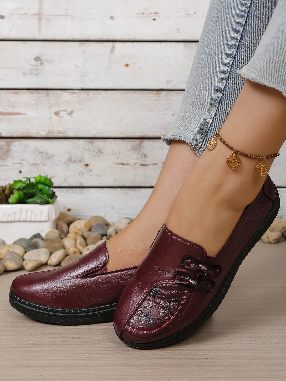 Women's Spring Autumn Leather Loafers Floral Embossed Slip‑On Flats Anti‑Slip Comfort Casual Mom Daily Walking Free Shipping Pi-Mart