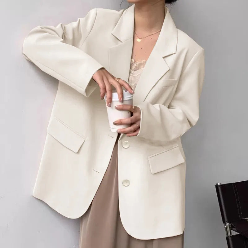 Mid Length Blazer Jacket Women Solid Long Sleeve Pocket Lapel Single Beasted Formal Coat Outerwear Loose Work Casual Blazers Pi-Mart