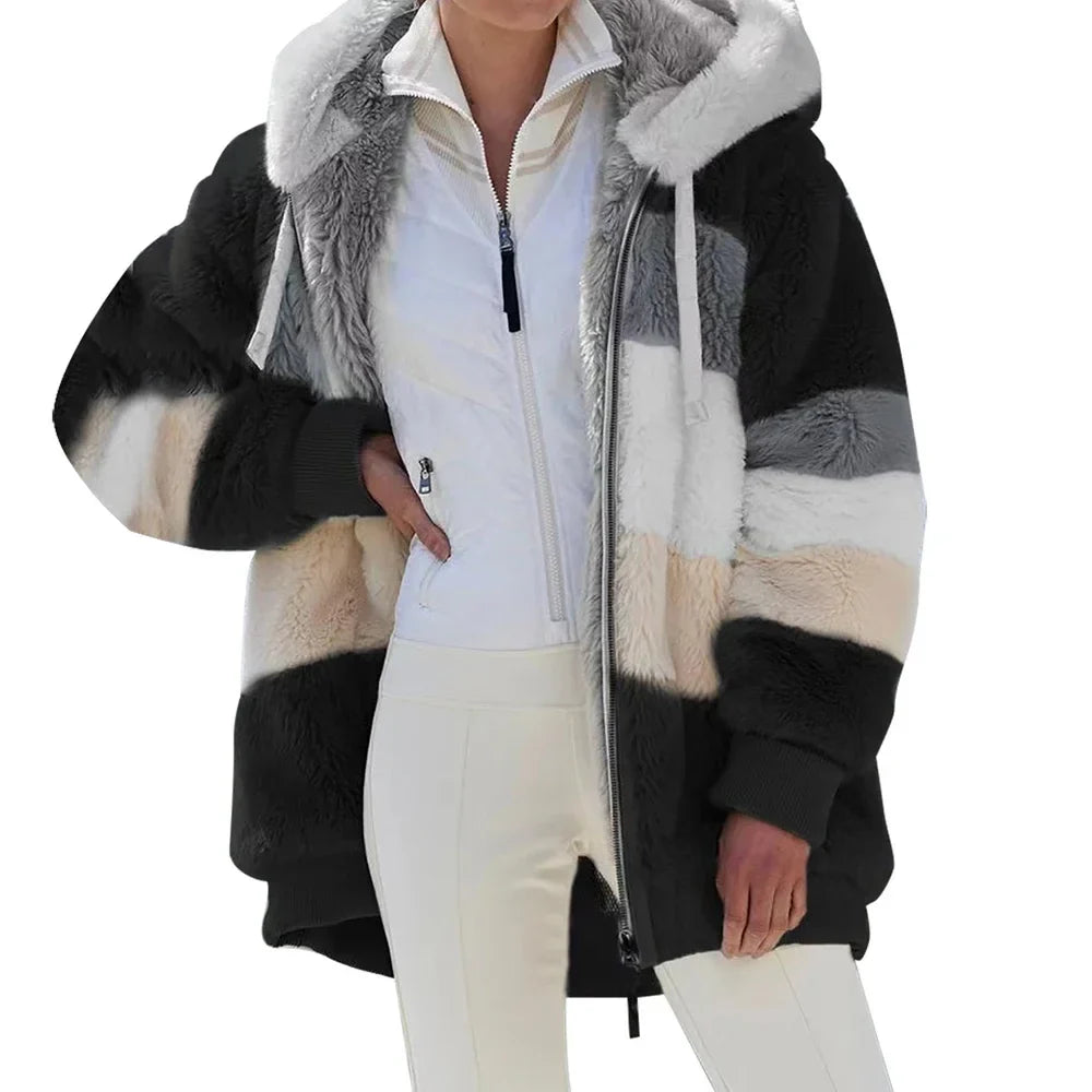 Oversized Jacket for Women Coat 2025 Autumn Winter Warm Plush Pocket Hooded Streetwear Loose Lady Zipper Cashmere Outerwear Coat LadyShow.Store