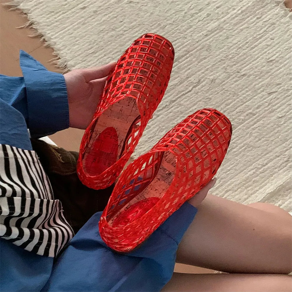 Women's New Flat Sandals with Hollow Transparent Color Mesh Jelly Shoes Woman Daily Walking Flats Plus Size 41 Soft PVC Footwear LadyShow.Store