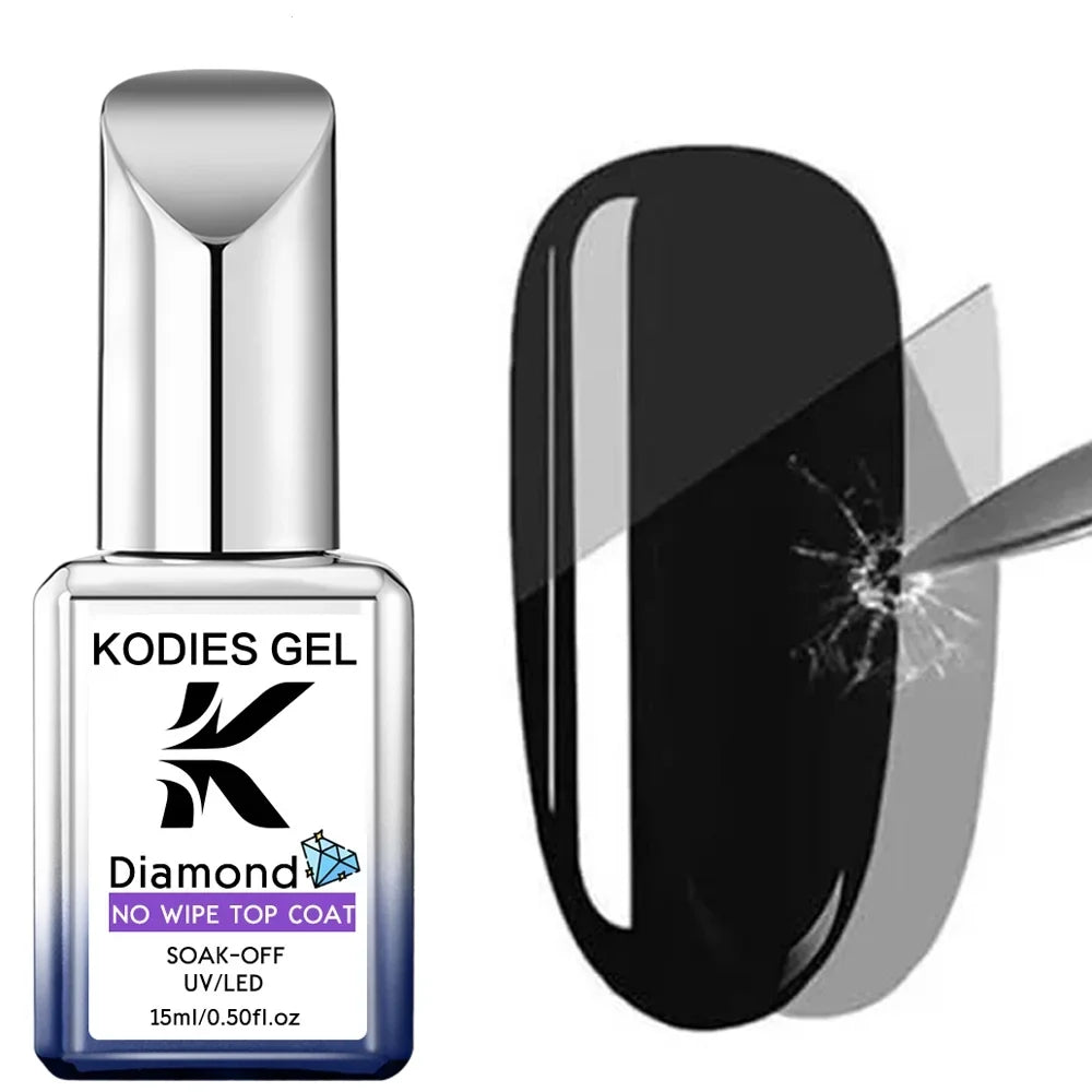 KODIES GEL Diamond Top Coat No Wipe Super Shiny 15ml HEMA /TPO Free Gel Nail Polish Crystal Shine Gel Finish All for Manicure Tri Light Beauty