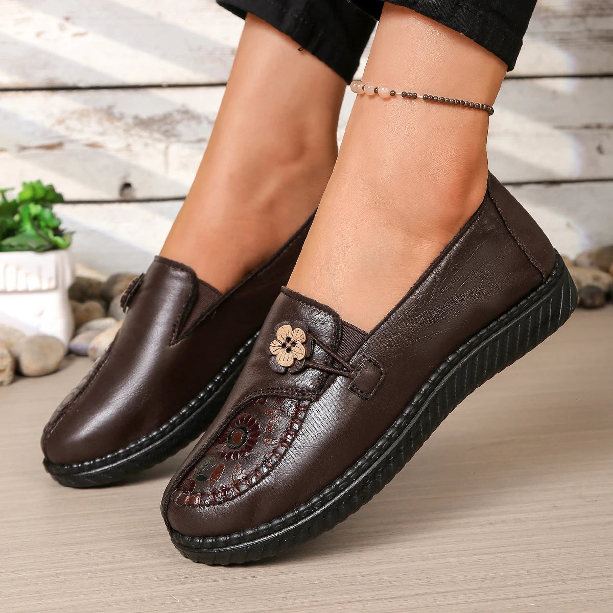 Women's Spring Autumn Leather Loafers Floral Embossed Slip‑On Flats Anti‑Slip Comfort Casual Mom Daily Walking Free Shipping Pi-Mart