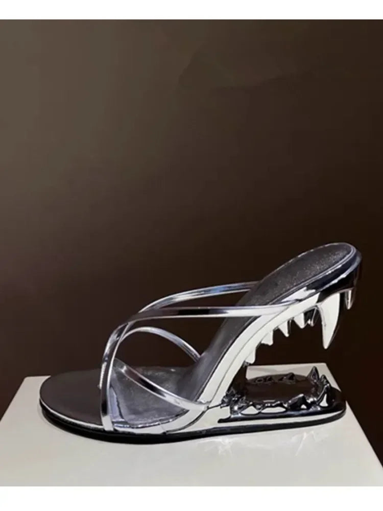 2026 Summer New Metal Tiger Teeth Single Shoes, High Heels, Fashion Show, Women's Wear, Size 44 Women's Sandals LadyShow.Store