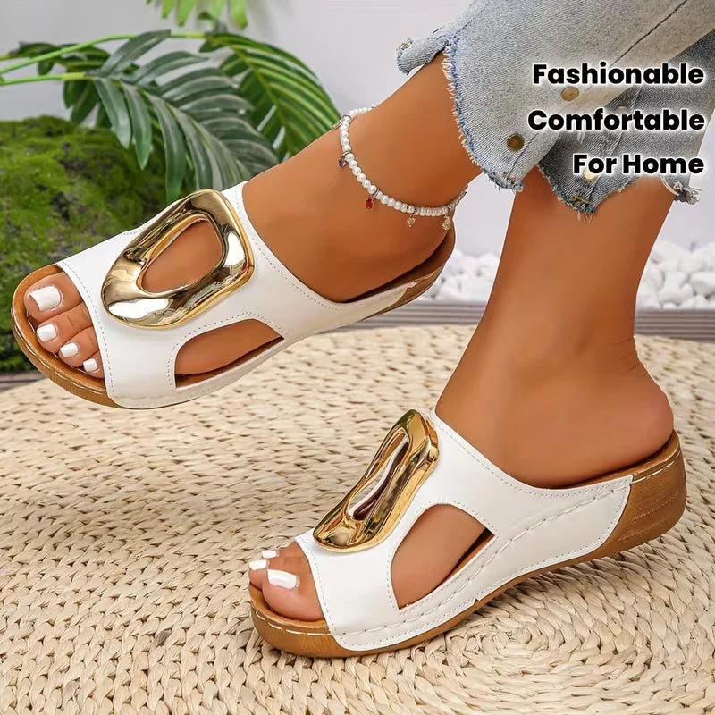 New Summer Women Fashion Slip on Slippers Beach Slippers Solid Color Round Head Wedges Casual Designer Shoes Slides Women LadyShow.Store