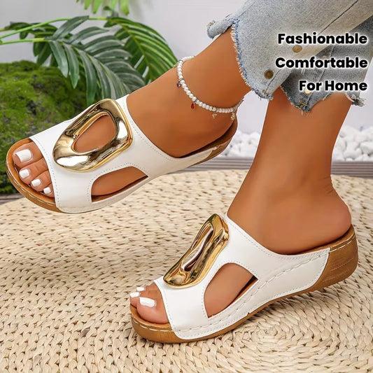 New Summer Women Fashion Slip on Slippers Beach Slippers Solid Color Round Head Wedges Casual Designer Shoes Slides Women LadyShow.Store
