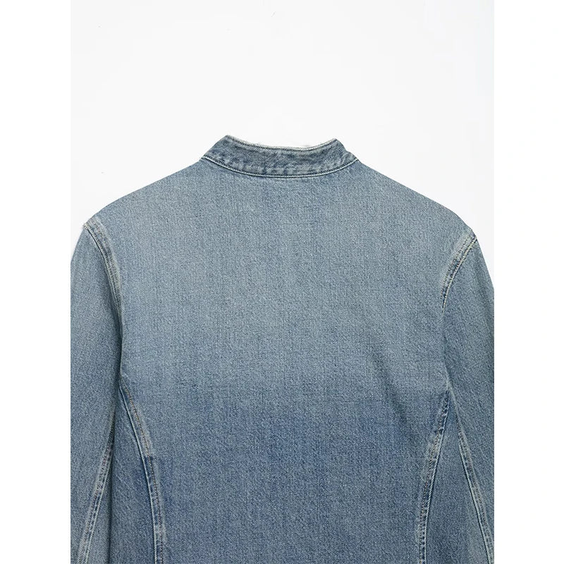 YENKYE Women's Cropped Denim Jacket Front Button Frayed Hem Stand Collar Streetwear Coat LadyShow.Store