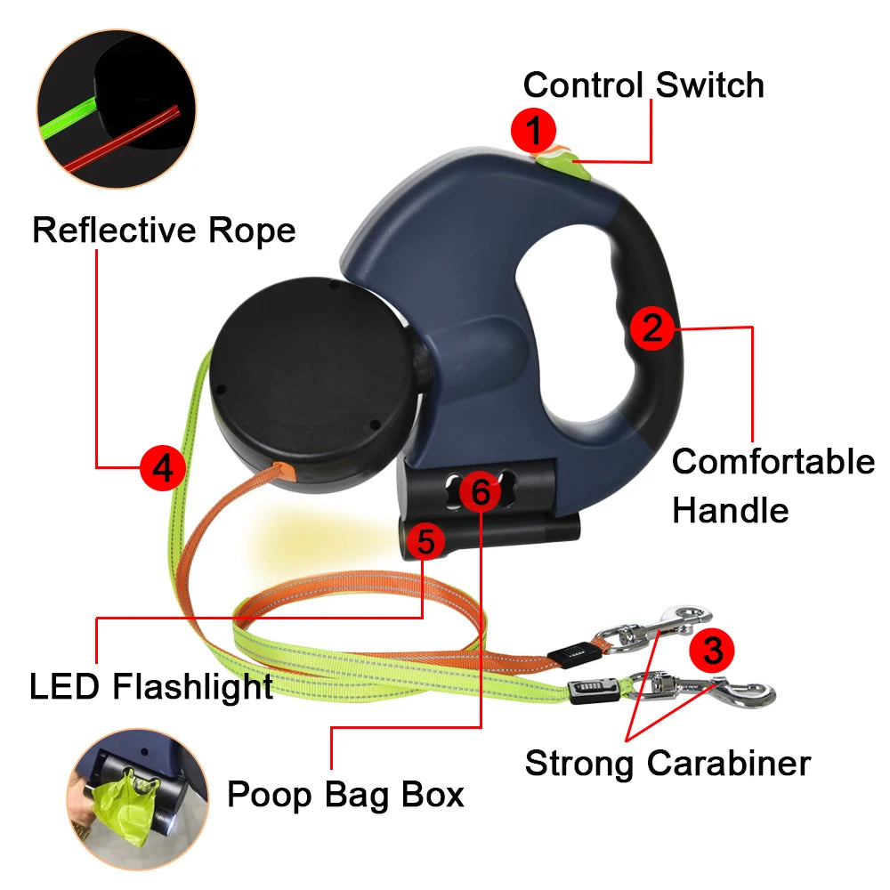 3m Retractable Dog Leash For Small Dogs Reflective Dual Pet Leash Lead 360 Swivel No Tangle Double Dog Walking Leash With Lights Pi-Mart