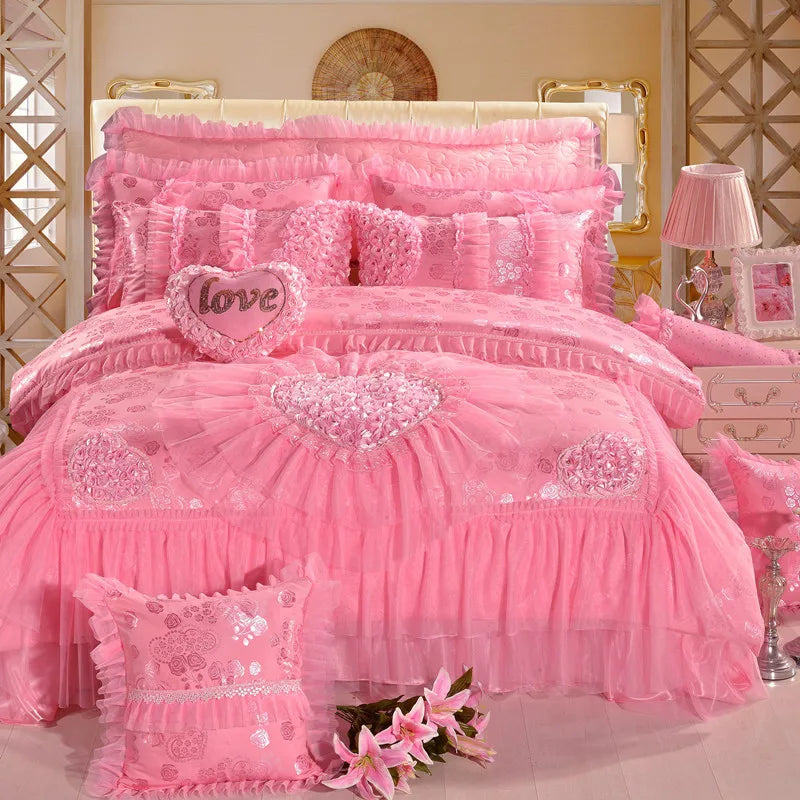 Luxury Wedding Bedding Sets Queen King Size Pink Princess Lace Bedcover Set Jacquard Duvet Cover Bed Sheet Pillowcases LadyShow.Store