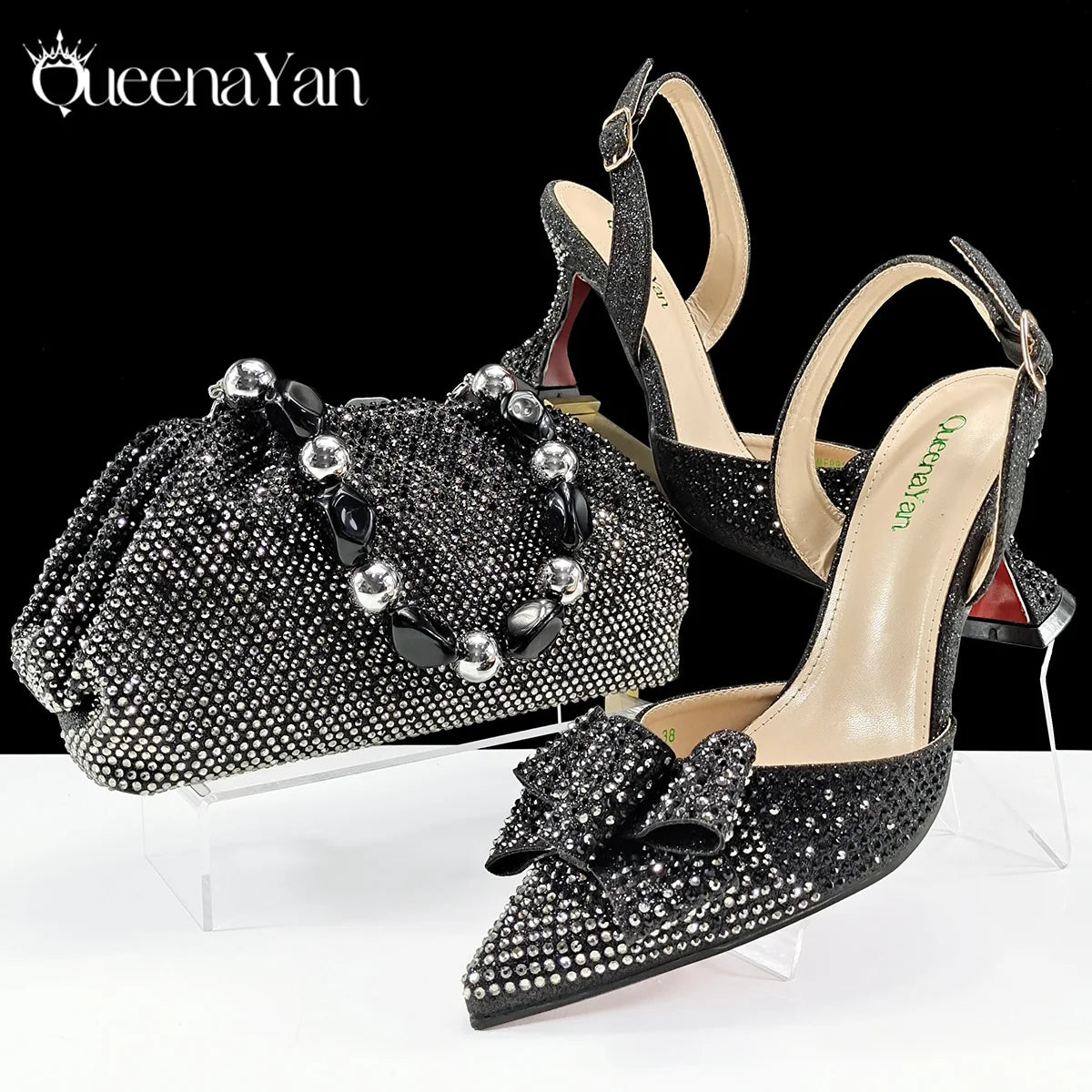 Queena Yan Newest Full of Rhinestone Design Olive Color Lady Sheos and Metal Bead-Embellished Handbag Set for Parrt Wedding Pi-Mart