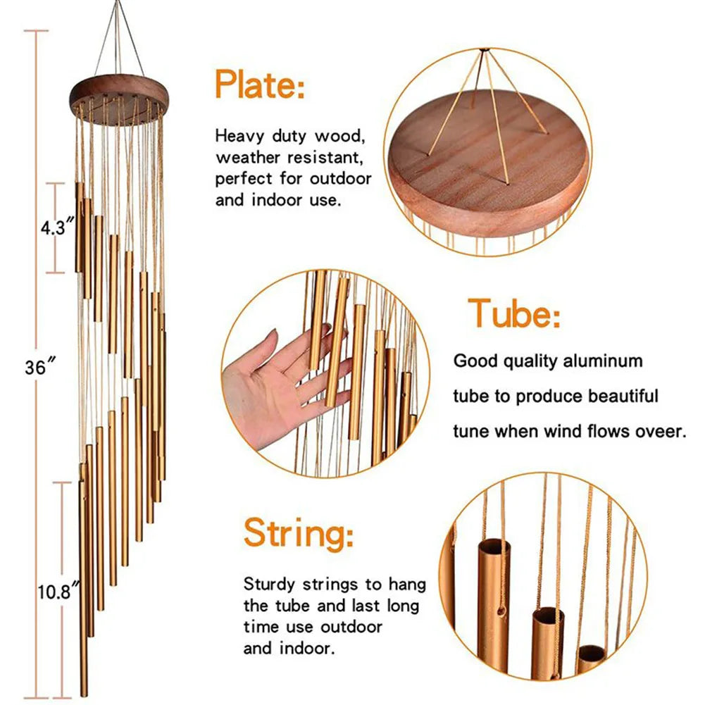 1piece 12 Tubes Aluminum Alloy Wind Chimes with Hook Gold/silver Bells for Outside Home Wedding Party Memorial Decoration Gifts Pi-Mart