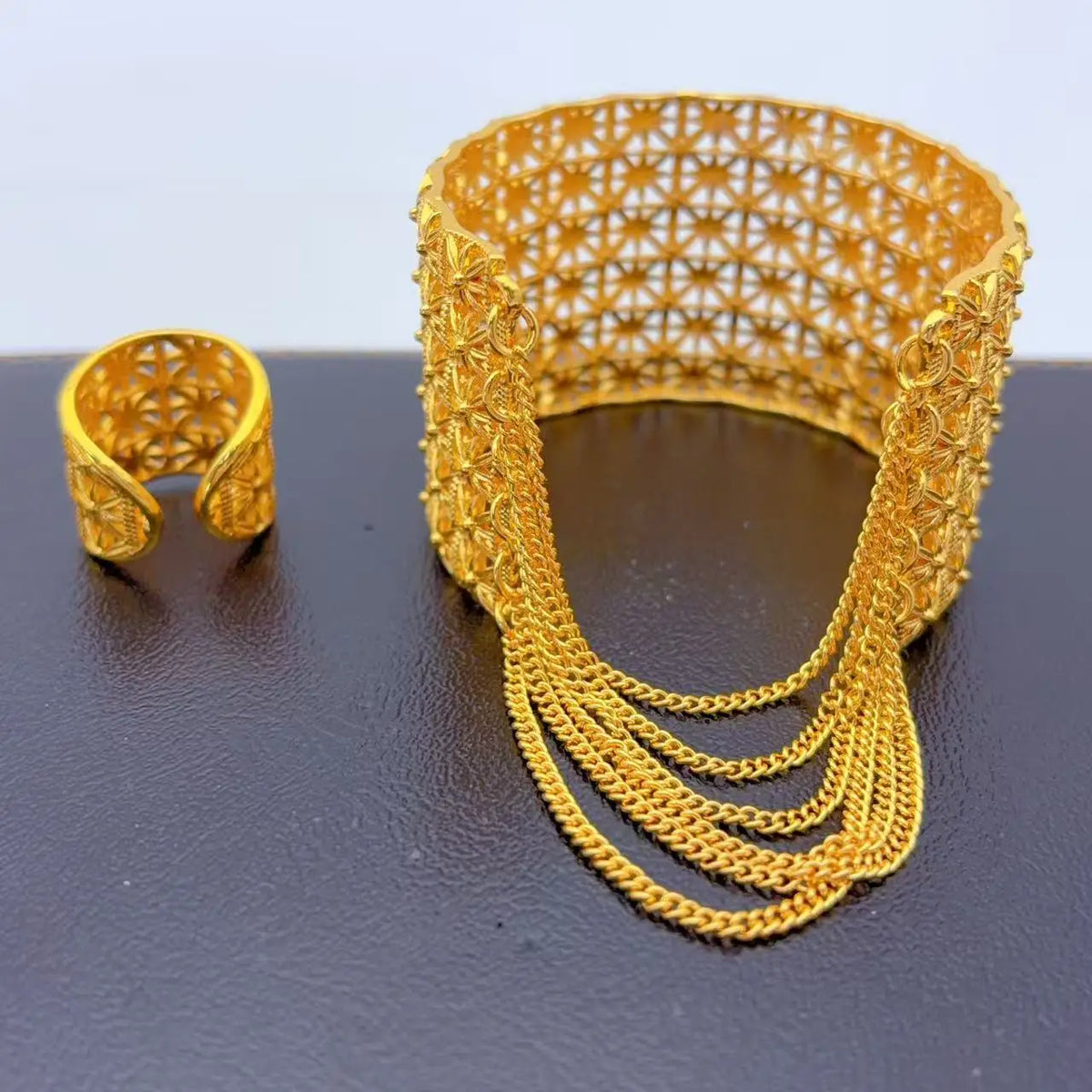 Indian Gold Color Tassel Bracelets Ring For Women Dubai African Hard Charm Bangles Wedding Arabic Hand Jewelry Party Gifts Pi-Mart