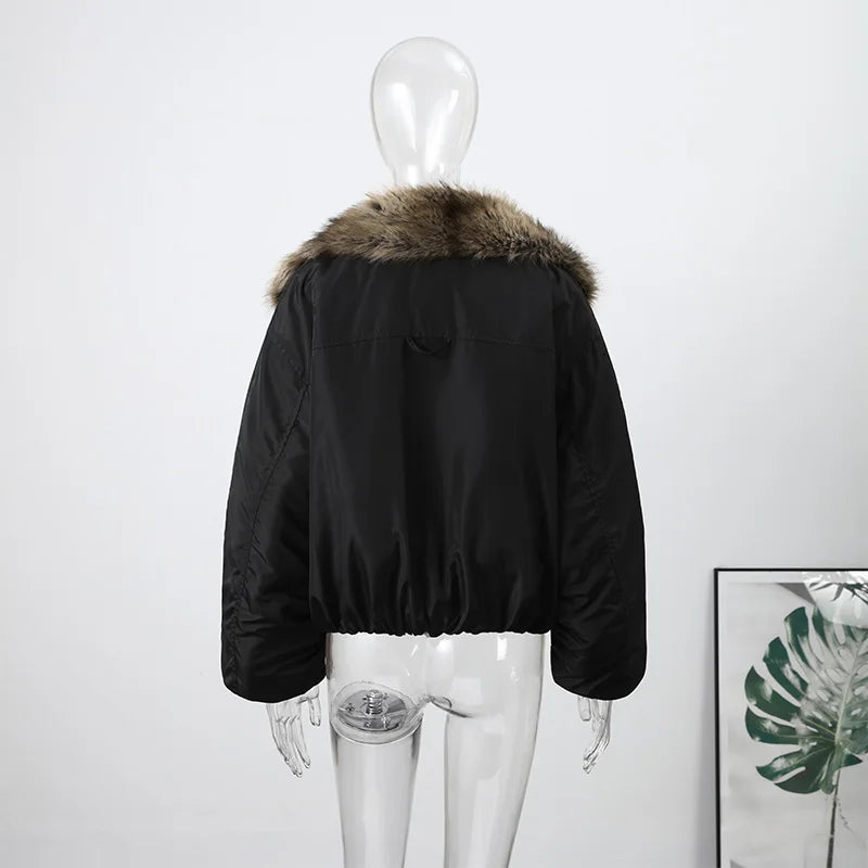 Fashion Faux Fur Patchwork Cotton Coat Women Lapel Zipper Pocket Cropped Street Warm Jacket 2026 Winter Lady Puffer Jackets New Pi-Mart