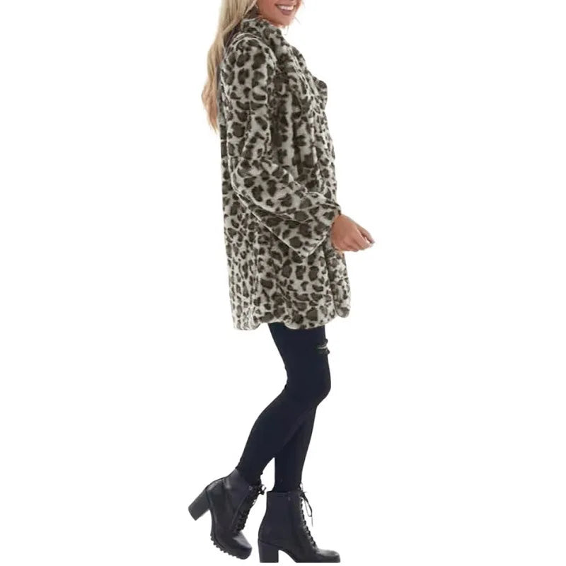 Women Winter Warm Faux Fur Coat Fashion Casual Turn-down Collar Leopard Jackets Ladies Streetwear Long Sleeve Pockets Overcoats LadyShow.Store