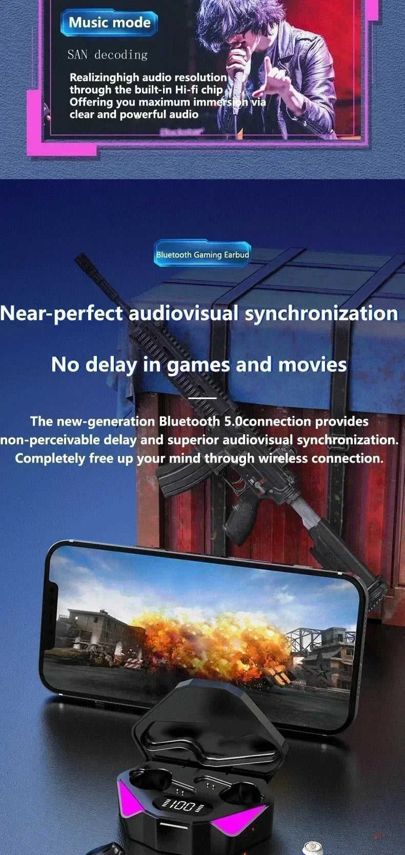 Bluetooth TWS Gaming Earphones Low Latency Wireless In-Ear Headphones With Built-in Mic LED Indicator Lights Pi-Mart