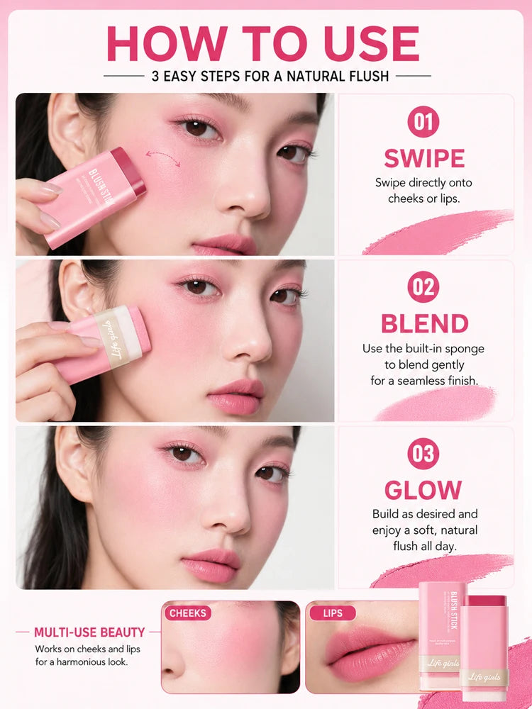 3-in-1 Cream Blush Stick Cheeks Lips Eyes, Long Lasting Waterproof Blendable Dewy Glow Makeup Stick for All Skin Tones Pi-Mart