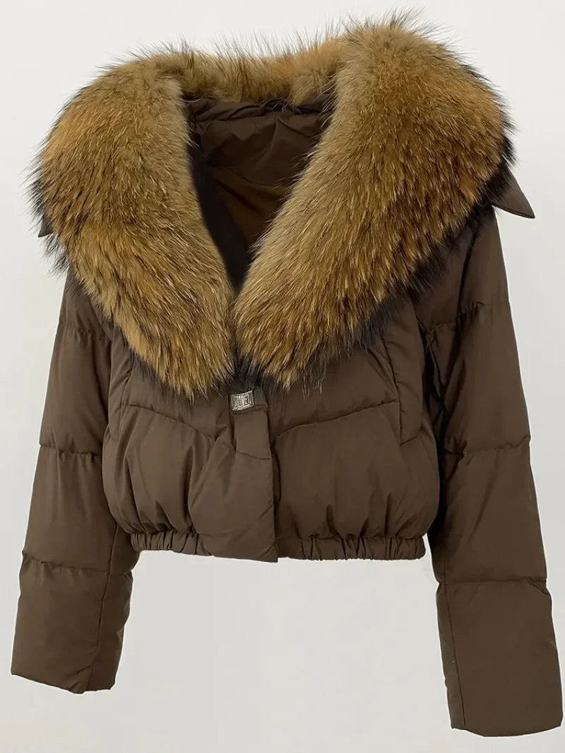 Down Jacket Women Short Puffer Jacket Thick New Big Natural Real Fox Fur Coat  Autumn Winter Female White Duck Down Coat Feather LadyShow.Store
