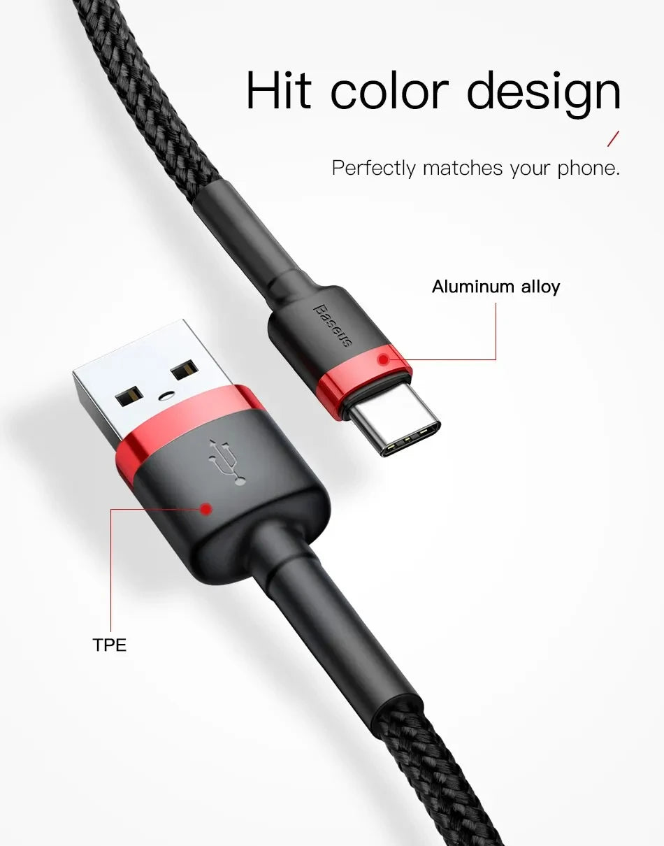 Baseus USB C Cable for oneplus 12 Quick Charge 3.0USB C Cable Fast Charging Cable Type C for Huawei Xiaomi 13 USB-C Charger Wire Pi-Mart