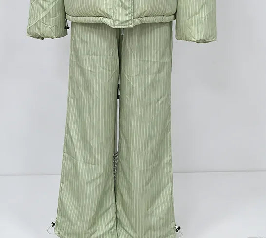 Women Striped Hooded Puffer Two Piece Outfit Oversized Cropped Jacket Baggy Pants Set Daily Outdoor Fashion Matching Outfit LadyShow.Store
