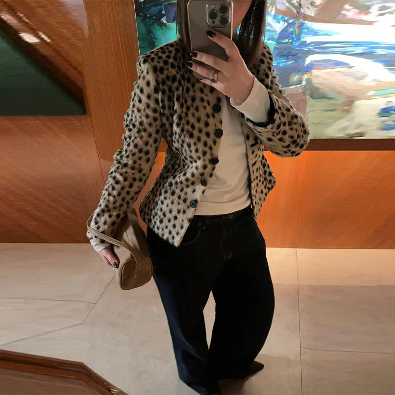Retro Leopard Faux Fur Short Coat Lady Chic O-neck Single Button Placket Spotted Dot Cropped Long Sleeve Outerwear Street Jacket Pi-Mart
