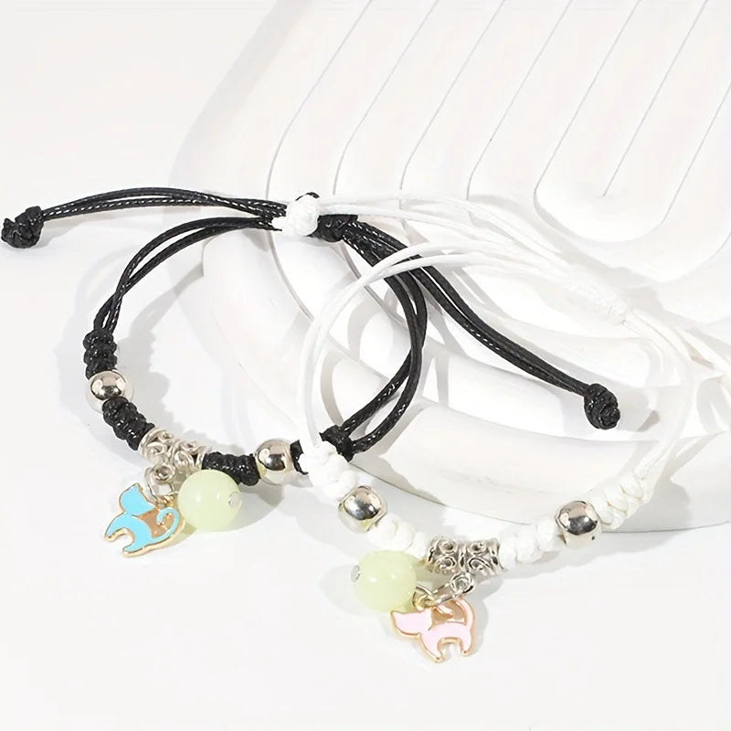 2PC Fashion Luminous Beads Star Couple Bracelet for Women Men Charm Cat Flower Heart Moon Love Matching Friend Bracelet Jewelry Pi-Mart