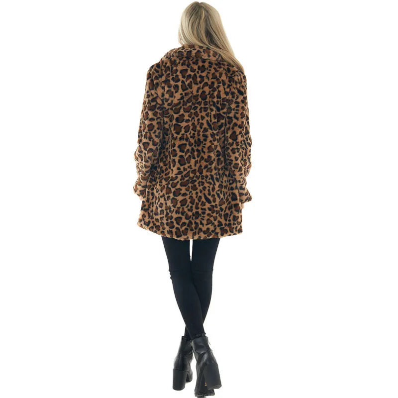 Women Winter Warm Faux Fur Coat Fashion Casual Turn-down Collar Leopard Jackets Ladies Streetwear Long Sleeve Pockets Overcoats LadyShow.Store