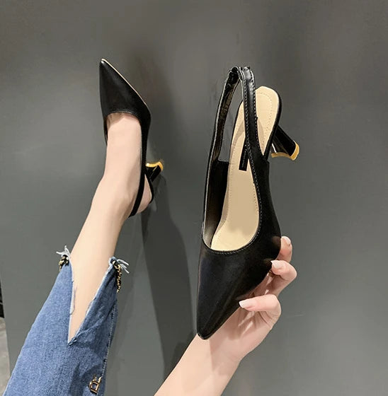 Summer Fashion New Breathable Pointed Toe Stiletto Heel PU Comfortable and Elegant Women's Shoes Shallow Mouth Sexy Sandals Pi-Mart