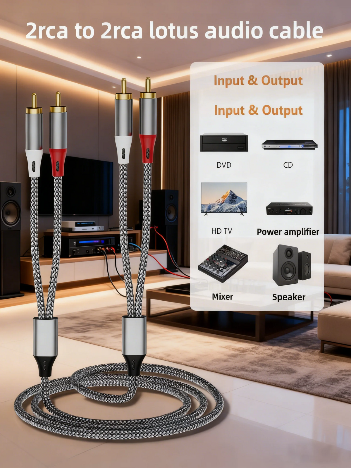 Double RCA Audio Cable, 2 Pairs of RCA Cables for Computer, TV, Amplifier, Subwoofer, and Speaker Connection Pi-Mart