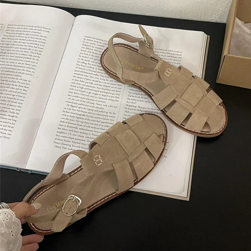 DIMANYU Women's Roman Sandals 2026 Summer New Flat Retro Real Leather Ladies Sandals Hollowed Women's Cage Shoes LadyShow.Store