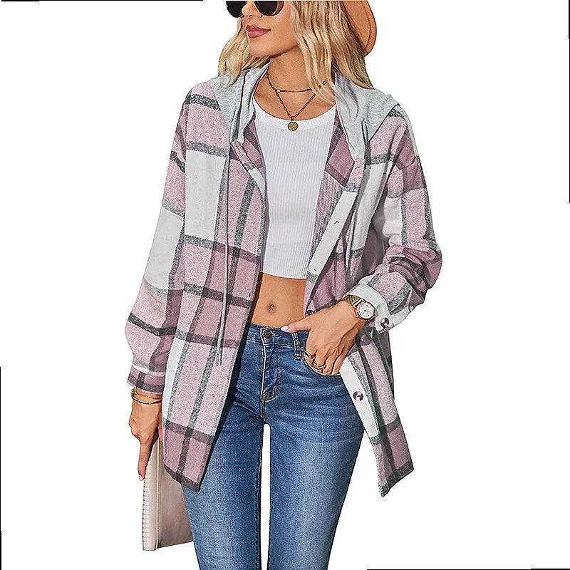 Women Hooded Plaid Wool Coat Blouse Top Spring Summer Fashion Outerwear Pi-Mart