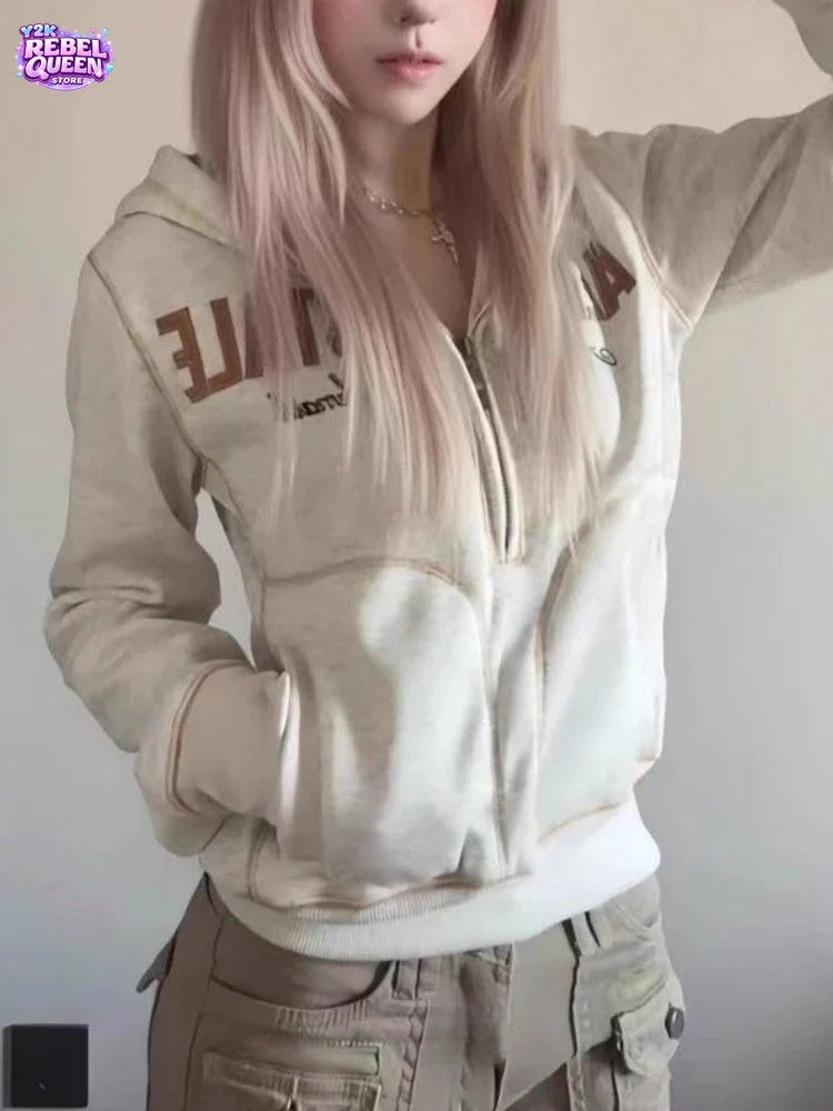 Japanese Y2K Punk Subculture Jacket Women Oversized Zip Up Hooded Sweatshirt Sexy Casual Vintage Streetwear Fashion Chic Clothes LadyShow.Store