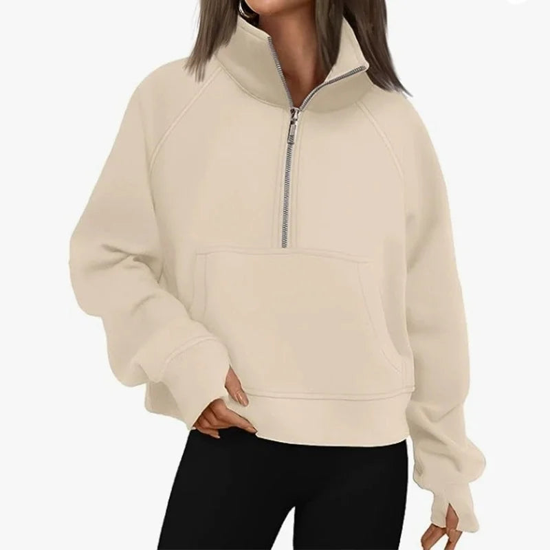 New Women's Spring Autumn Winter Stand Collar Plus Fleece Solid Color Hoodie Long Sleeve Pocket Loose Half Zip Pullover Hoodie Pi-Mart