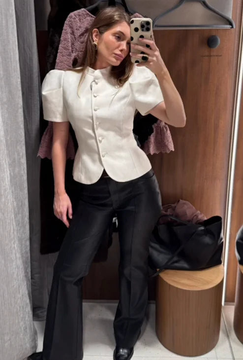 Satin Solid Round Neck Puffer Jacket Short Sleeve Slim Button Front 2026 Spring Retro Elegant Women Blouse Chic Office Lady Coat LadyShow.Store