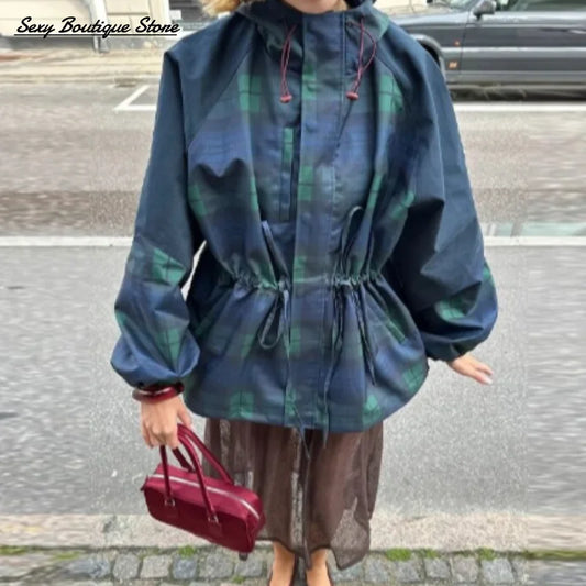 Autumn Winter Vintage Plaid Oversize Jacket For Women Loose High Neck Loose Hoodie Coat Lace Up Outwear 2025 New Lady Streetwear Pi-Mart