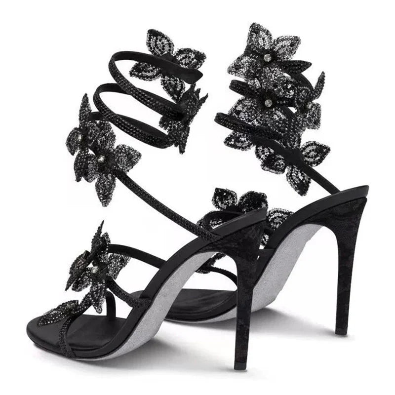 Aneikeh Sexy CRYSTAL Flower Narrow Band Ankle Strap Sandals Woman Thin High Heels Street Style  Pole Dancing Ladies Shoes LadyShow.Store