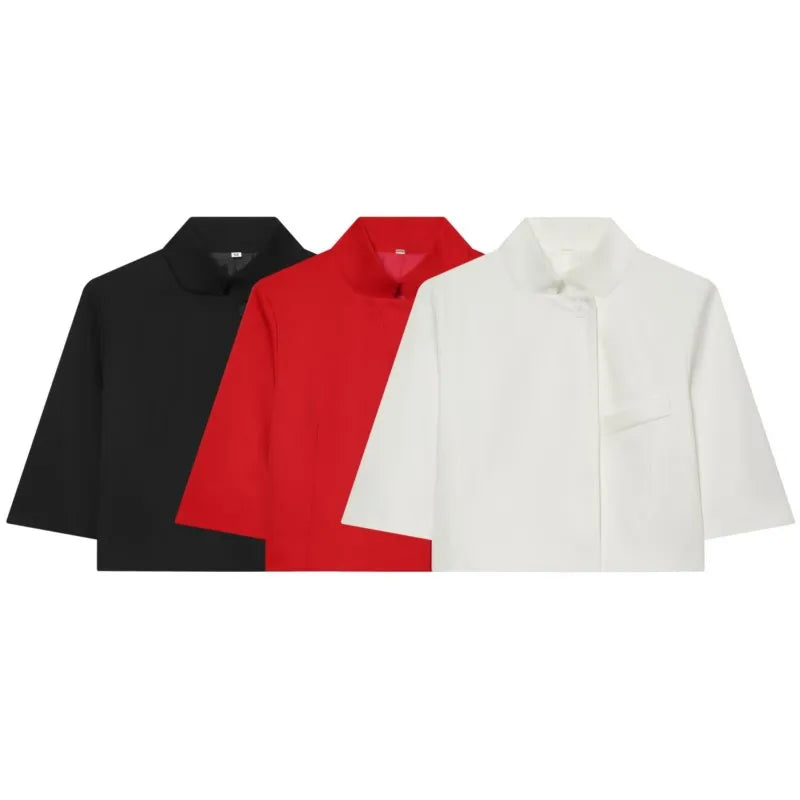 Women's Cropped Short Blazer New 2026 Spring Summer High-Neck Short Sleeve Button Simple Solid Women Coat Female Chic Tops