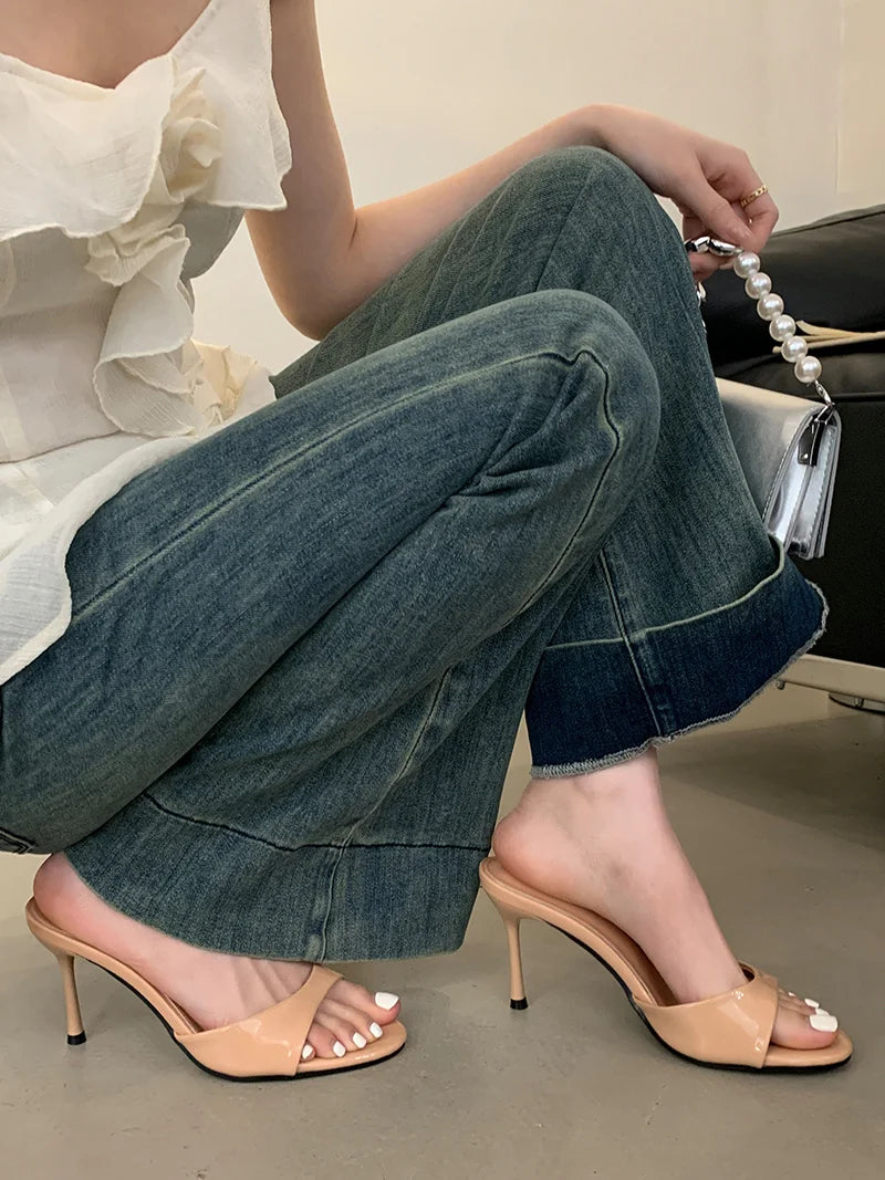Liyke Wine Red Patent Leather Women Slippers Sandals Fashion Round Open Toe Thin High Heels Mules Slides Summer Party Dress Shoe Pi-Mart