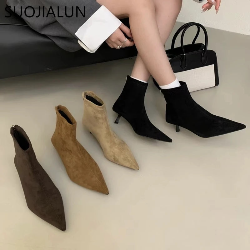 SUOJIALUN 2024 Winter New Brand Women Short Boots Fashion Pointed Toe Ladies Elegant Ankle Boots Thin High Heel Dress Pumps Shoe Pi-Mart
