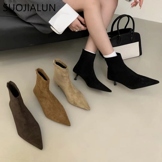SUOJIALUN 2024 Winter New Brand Women Short Boots Fashion Pointed Toe Ladies Elegant Ankle Boots Thin High Heel Dress Pumps Shoe Pi-Mart