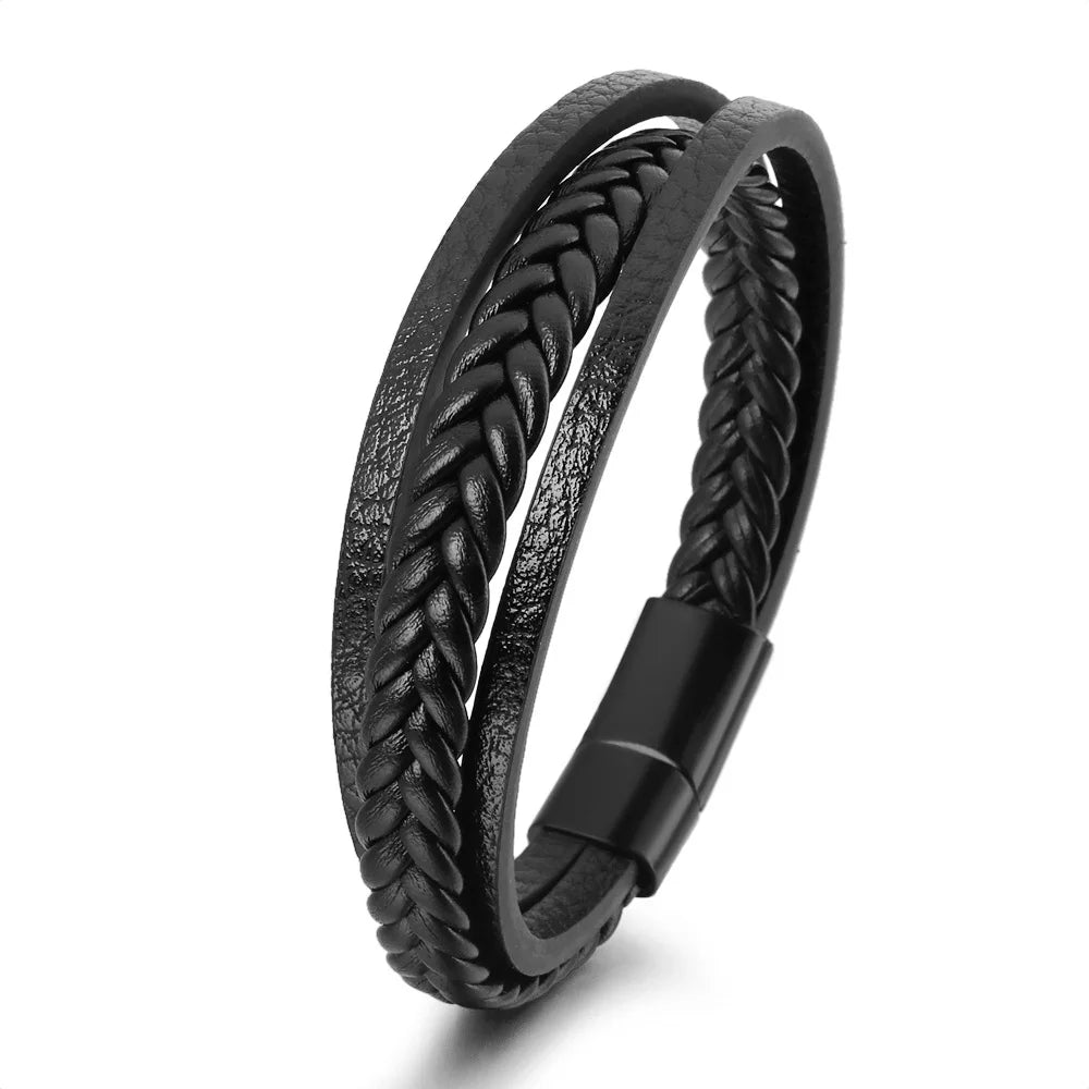 Trendy Leather Bracelets For Men Stainless Steel Bracelet 21CM Multilayer Braided Rope Bracelets for Male Jewelry Gifts Pi-Mart