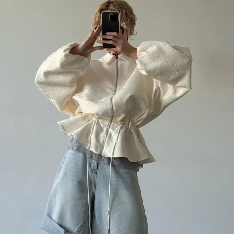 Luxury Apricot Texture Jacket Drawstring Waist Slim Puff Sleeves 2026 Women's Autumn Jackets Chic Commute Date Daily Outerwear Pi-Mart